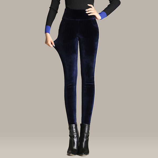 Pantalones de Terciopelo Dorado Cintura Alta Talla Grande Stretch Cálido