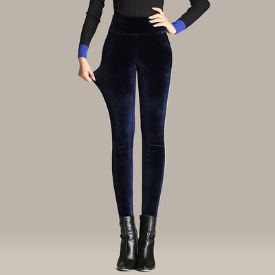 Pantalones de Terciopelo Dorado Cintura Alta Talla Grande Stretch Cálido