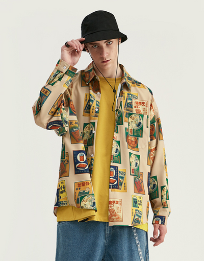Camisa Estampado Cigarrillos Manga Larga Suelta para Hombre - Image 3