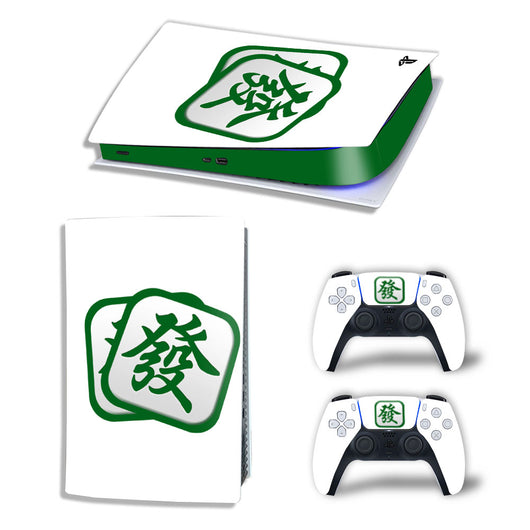 White PS5 console and controller skins with a green Mahjong character design. - Image 3