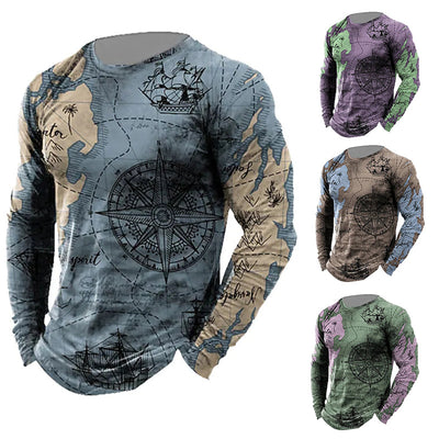 Camiseta Manga Larga Brújula Náutica Hombre Cuello Redondo Suelta Navegante