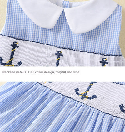 Vestido Infantil de Verano sin Mangas con Cuello de Muñeca y Smocking Bordado - Image 13