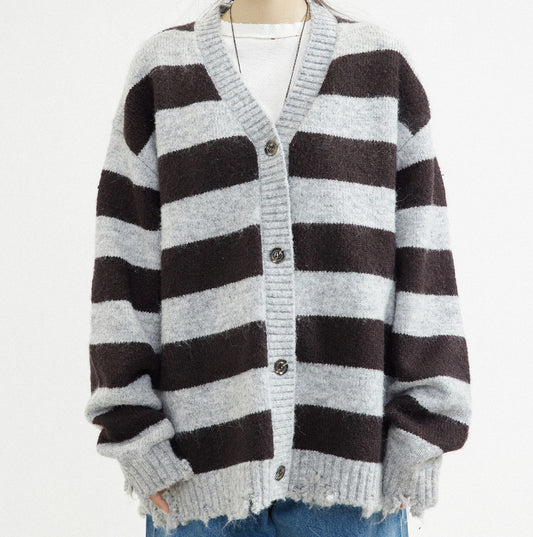 Cardigan Rayado Gris Café en Mezcla de Mohair y Lana - Image 2