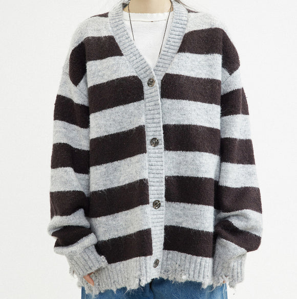 Cardigan Rayado Gris Café en Mezcla de Mohair y Lana