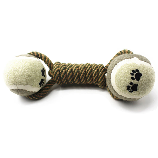 Border collie holding a cotton rope dumbbell dog toy with tennis ball ends and paw print designs. - Image 4