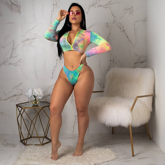 Women's tie-dye long-sleeve crop top swimsuit with high-cut bikini bottoms, featuring a colorful print. - Image 4