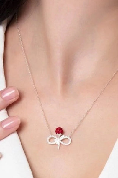 Collar de Plata Infinito con Rosa Roja y Piedra Blanca - Image 3