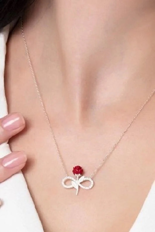 Collar de Plata Infinito con Rosa Roja y Piedra Blanca - Image 3