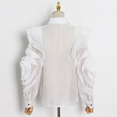 Blusa Organza Color Sólido con Cuello Solapa y Volantes - Image 14