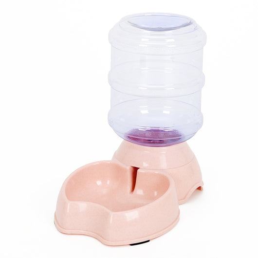 White pet feeding station with a stainless steel food bowl and a clear automatic water dispenser bottle. - Image 12