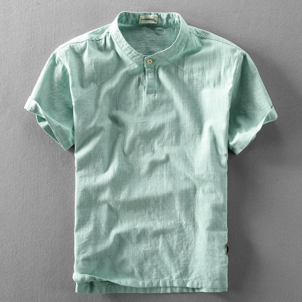 Camisa Suelta Estilo Chino de Algodón y Lino con Cuello Mao