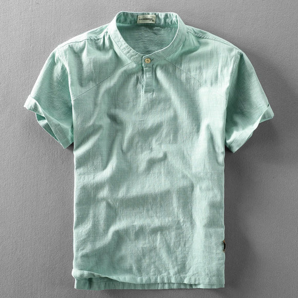 Camisa Suelta Estilo Chino de Algodón y Lino con Cuello Mao