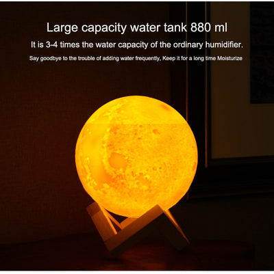Moon-shaped night light and air humidifier on a wooden stand, emitting mist and a warm glow, with books and flowers. - Image 3