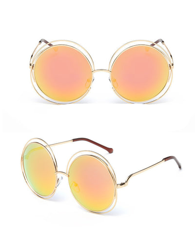Round metal cutout sunglasses with silver mirrored lenses and a double-rimmed frame, shown from front and angled views. - Image 14