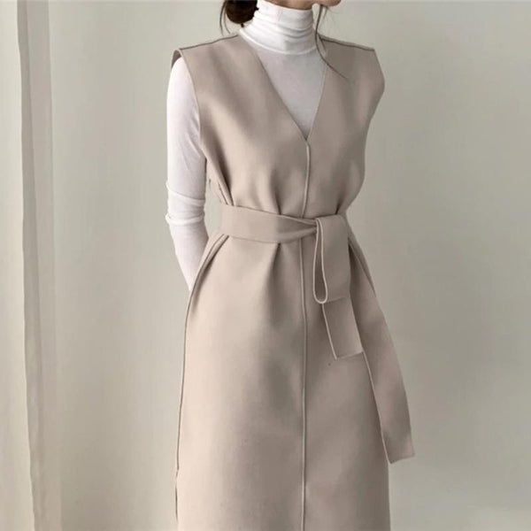 Vestido Elegante sin Mangas de Lana con Escote en V