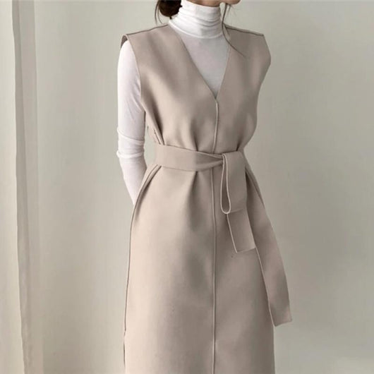Vestido Elegante sin Mangas de Lana con Escote en V - Image 2