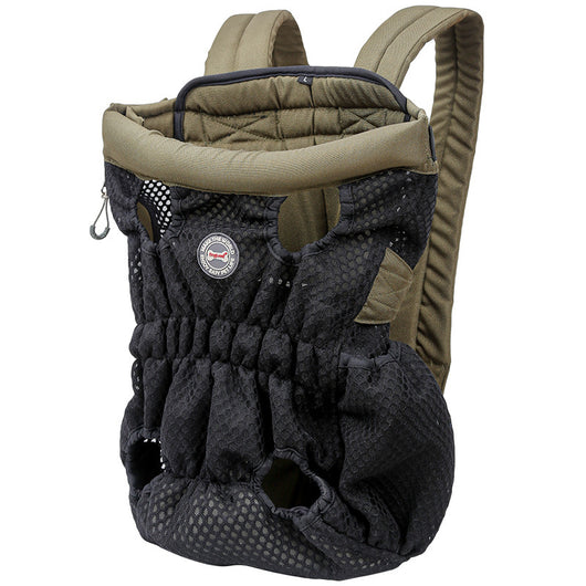 Navy blue mesh pet carrier backpack with leg holes and a light blue portable pet water bottle with a transparent reservoir. - Image 3