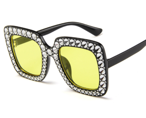 Oversized square sunglasses with clear peach frames, brown lenses, and clear faceted rhinestones around the edges. - Image 9