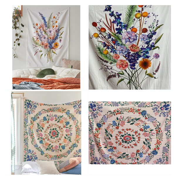 Artistic style tapestry with a vibrant floral pattern featuring a central flower and concentric rings of red, blue, orange, and pink blossoms on a light pink ba