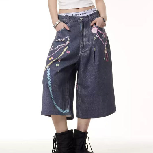 Jeans Cortos Estampado Cadena Retro para Mujer - Image 4