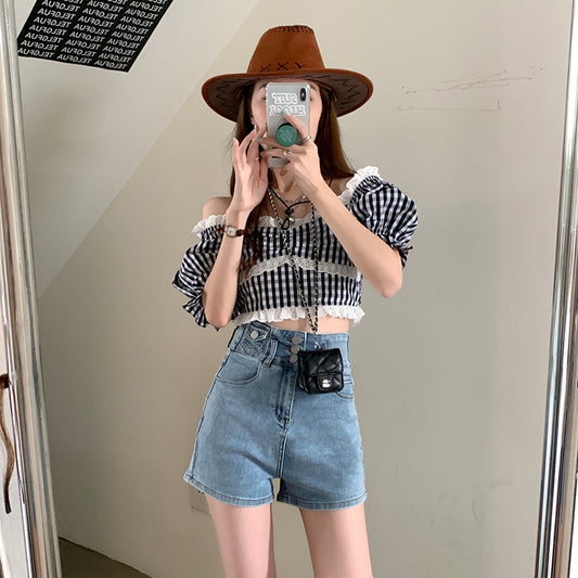 Shorts Jeans Cintura Alta Elásticos Skinny