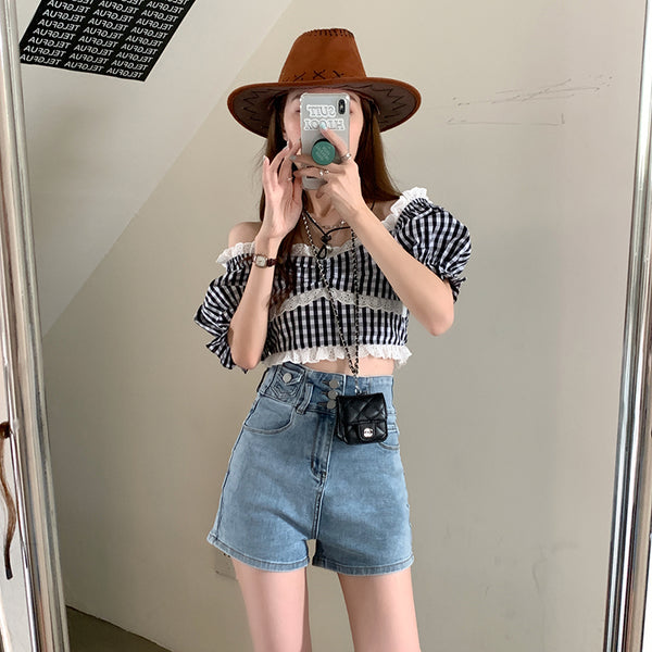Shorts Jeans Cintura Alta Elásticos Skinny
