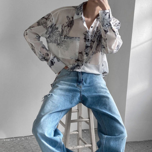 Camisa Estampada Suelta en Seda de Hielo para Hombre