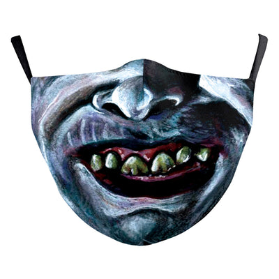 Green and yellow digital print Halloween dust mask with a grotesque, tree-like face design and black ear loops. - Image 19