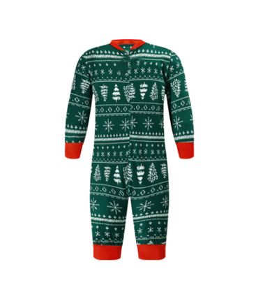 Red and white Christmas print one-piece pajama suit with moose, snowflake, and Christmas tree patterns. - Image 12