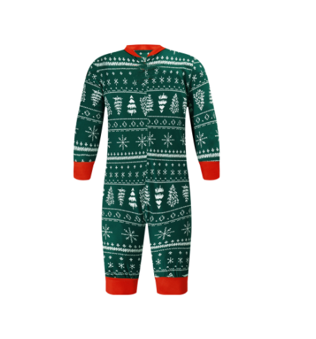 Red and white Christmas print one-piece pajama suit with moose, snowflake, and Christmas tree patterns. - Image 12