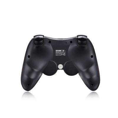 Black wireless Bluetooth gamepad with red accents, featuring a D-pad, analog sticks, and face buttons, shown with a detachable black smartphone clip. - Image 6