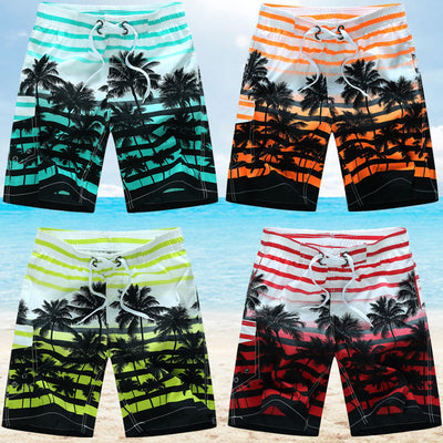 Shorts de Playa Holgados con Estampado de Palmeras y Rayas