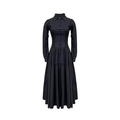 Vestido Camisero Retro Elegante Estilo Hepburn Negro - Image 7