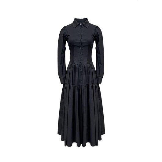 Vestido Camisero Retro Elegante Estilo Hepburn Negro - Image 7