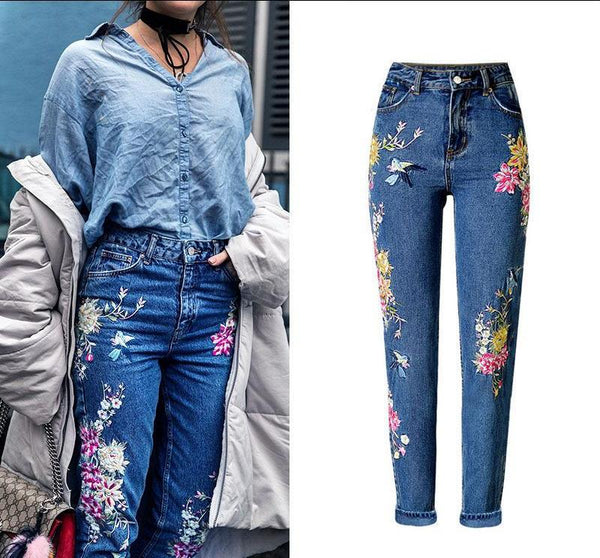 Jeans Talle Alto Slim Fit Rectos con Bordados Delanteros y Traseros