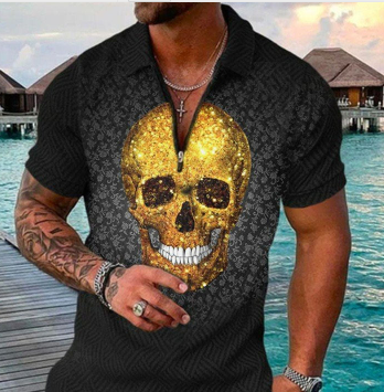 Conjunto de Camiseta Geométrica 3D con Cierre y Solapa - Estilo Verano para Hombre - Image 3