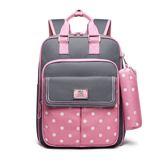 Blue kids' school backpack with white star pattern, front pocket, and matching pencil case. Measures 40x30x13cm.