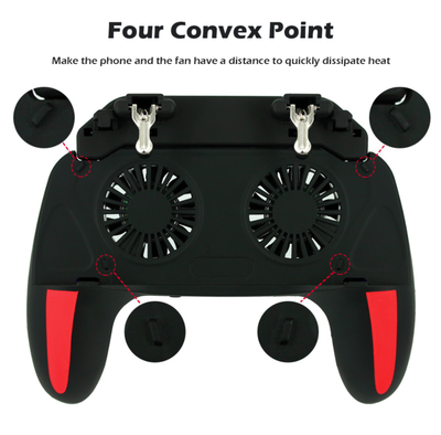 Black and red game controller with phone holder, dual cooling fans, and power bank function for smartphones.