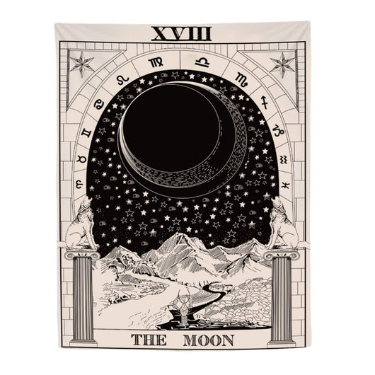 Black and white Yin Yang Mandala tapestry featuring 'The Moon' tarot card design with wolves, stars, and zodiac symbols. - Image 5