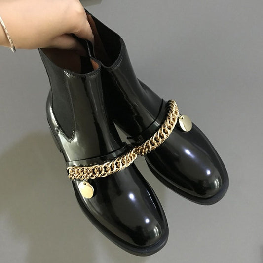 Botas Mujer Tacón Medio con Cadena Metálica y Punta Redonda