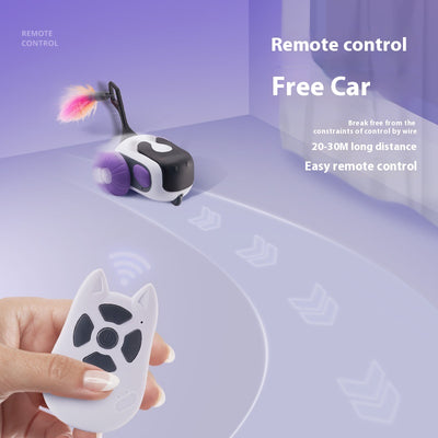 White and black remote control cat toy car with purple wheels and an orange feather, next to a white cat-shaped remote. - Image 3