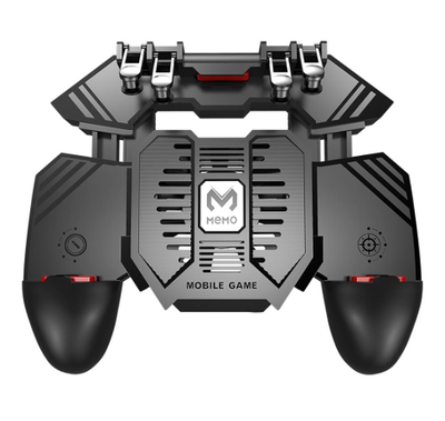 MÉMO AK77 black mobile game controller with integrated cooling fan and four silver trigger buttons.