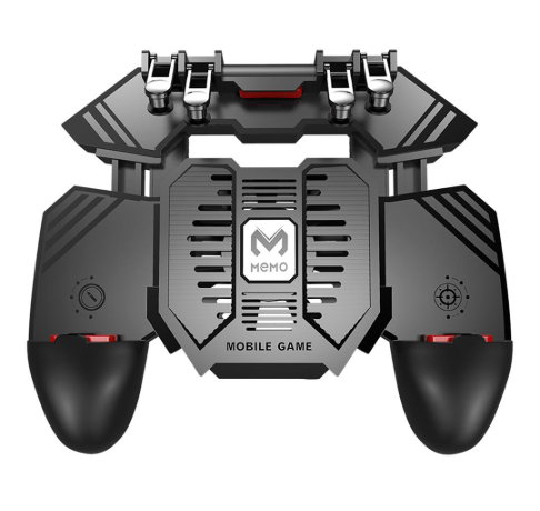 MÉMO AK77 black mobile game controller with integrated cooling fan and four silver trigger buttons.