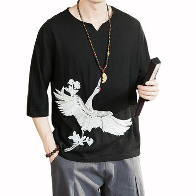 Camiseta Estilo Chino con Bordado de Grúa - Algodón y Lino para Hombre - Image 6