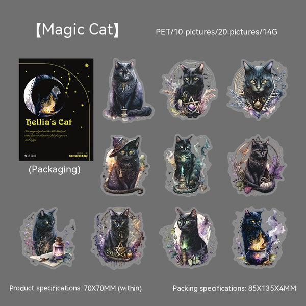 Set of die-cut PET stickers featuring various black cats with purple and blue watercolor effects, some with moons, stars, or wizard hats. - Image 3