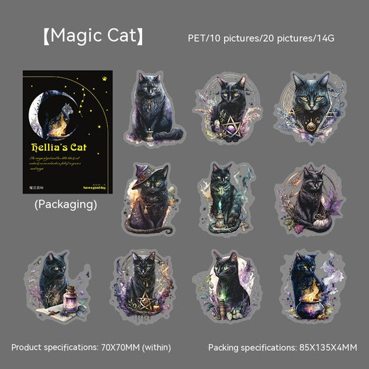 Set of die-cut PET stickers featuring various black cats with purple and blue watercolor effects, some with moons, stars, or wizard hats. - Image 3
