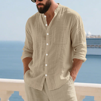 Camisa de Lino Transpirable para Hombre con Cuello Mao y Manga Larga - Image 8