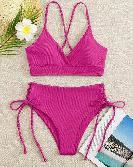 Light green ribbed bikini set with a V-neck bralette top and high-waisted bottoms featuring side tie details. - Image 14
