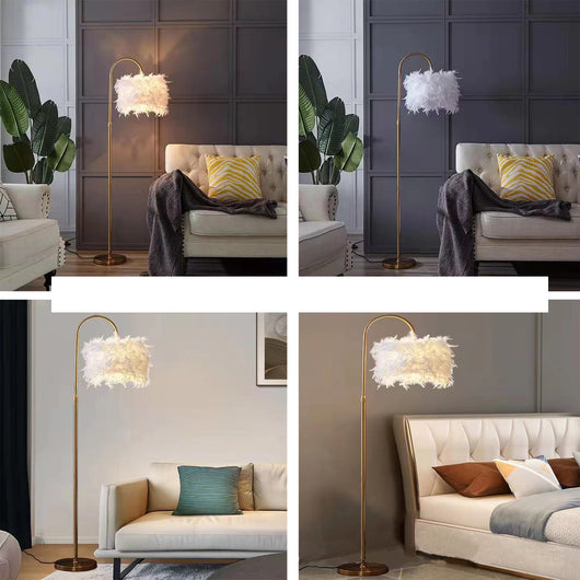 Lámpara de Piso Curva Decorativa LED con Plumas Blancas y Detalles Dorados - Image 5