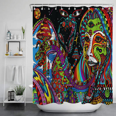 Vibrant psychedelic shower curtain with an abstract digital print featuring an elephant head and cannabis leaves in bright colors. - Image 7